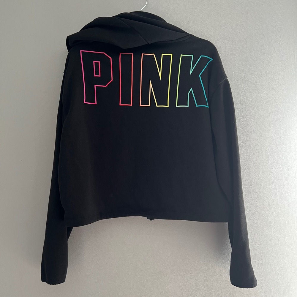 PINK Victoria's Secret Black Cropped Hoodie Sweatshirt Rainbow Logo Size‎ Large